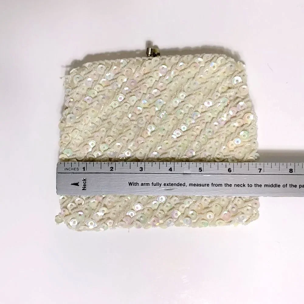 Vintage Ivory Satin Iridescent Sequin Beaded Evening Bridal Clutch Bag